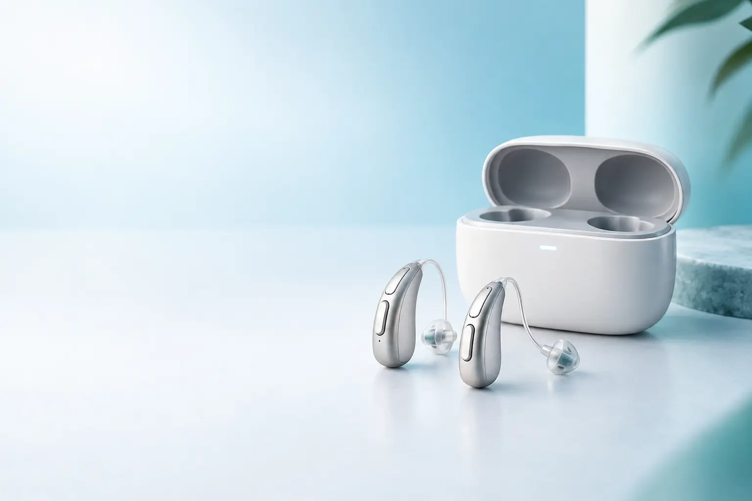 Pair of modern unbranded hearing aids with charging case