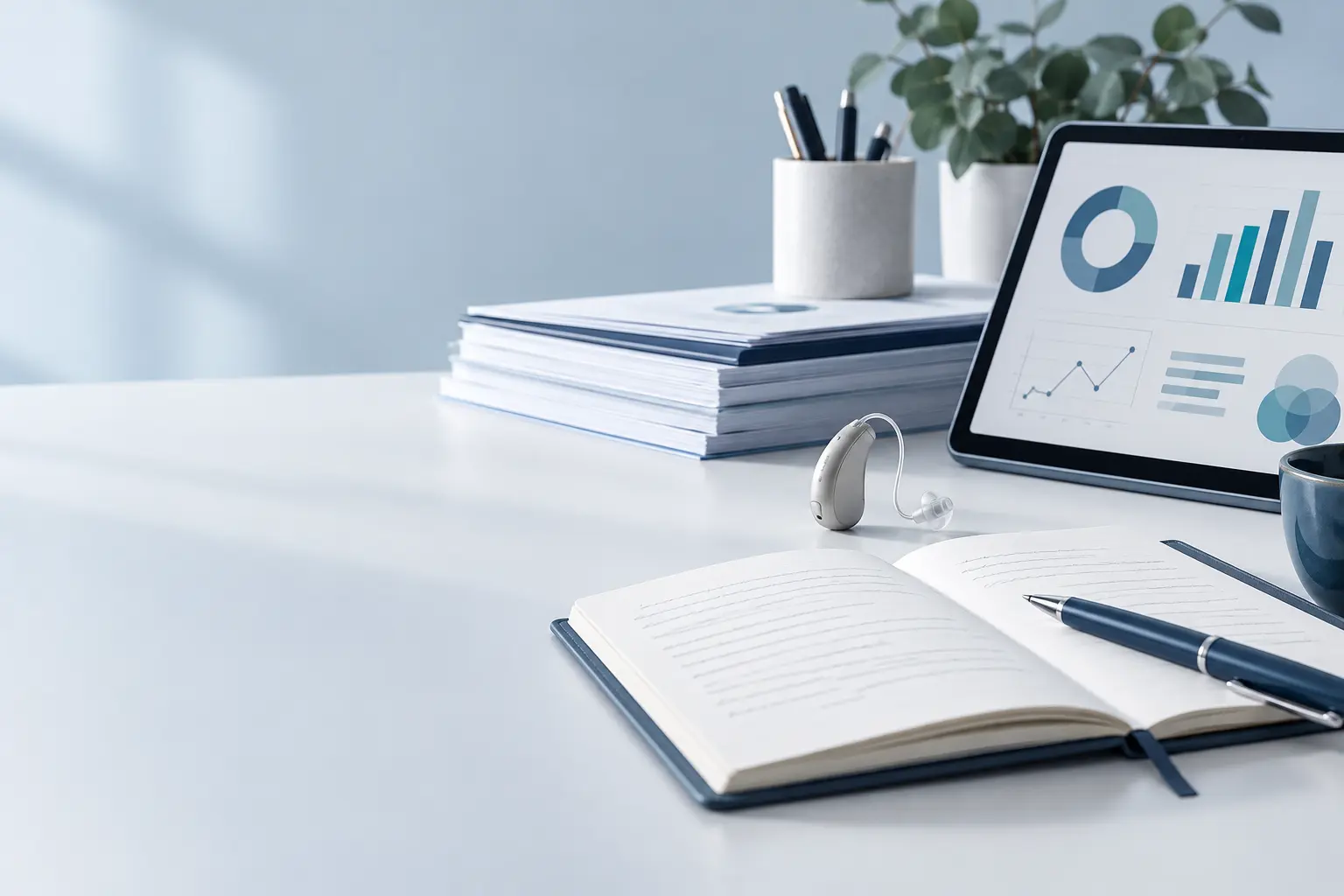 Independent hearing-aid research desk with notes, charts, and an unbranded device